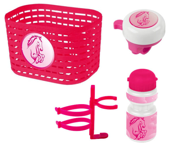 Cykelkurv + ringeklokke + flaske m. holder med hestemotiv