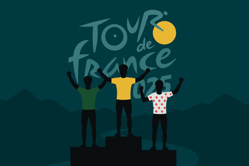 Tre cykelryttere på podiet i Tour de France 2025 – iført den gule, grønne og prikkede trøje, med et diskret Tour de France-logo i baggrunden og bjergsilhuetter i mørkeblå baggrund.