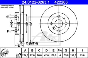 ATE Bremsesæt, skivebremser 142022858 foraksel ventileret 254mm 22mm for SUZUKI DAIHATSU NISSAN SUBARU