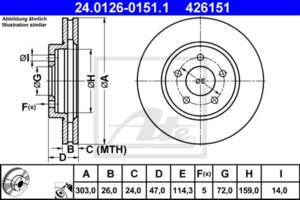 ATE Bremsesæt, skivebremser 142022960 foraksel ventileret 303mm 26mm for FORD MAZDA