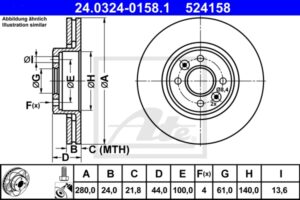 ATE Bremsesæt, skivebremser 142042925 foraksel ventileret 280mm 24mm for RENAULT