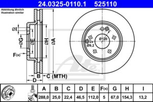 ATE Bremsesæt, skivebremser 142042962 foraksel ventileret 288mm 25mm for MERCEDES-BENZ