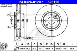 ATE Bremsesæt, skivebremser 142043042 foraksel ventileret 283mm 26mm for PEUGEOT CITROËN OPEL
