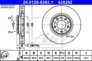 ATE Bremsesæt, skivebremser ijzjsg6ma9 foraksel ventileret 305mm 28mm for FIAT JEEP