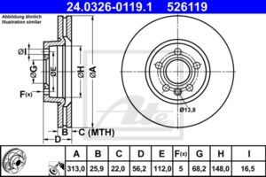 ATE Bremsesæt, skivebremser ijzjsggw09 foraksel ventileret 313mm 25mm for FORD VAG