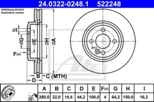 ATE Bremsesæt, skivebremser ijzjsghhv6 foraksel ventileret 280mm 22mm for BMW MINI