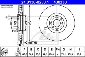 ATE Bremsesæt, skivebremser ijzjsgjjt8 foraksel ventileret 340mm 30mm for CITROËN PEUGEOT