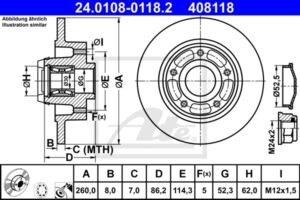 ATE Bremsesæt, skivebremser ik3ebynef1 bagaksel fuld 260mm 8mm for PEUGEOT CITROËN RENAULT