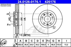 ATE Bremsesæt, skivebremser sg000005z9 foraksel ventileret 302mm 26mm for PEUGEOT CITROËN