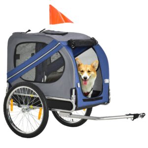 2-I-1 kæledyrstrailer cykeltrailer op til 20 kg foldbart regnslag sikkerhedsflagreflekser stålgrå+blå 130 x 73 x 90 cm