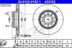 ATE Bremsesæt, skivebremser 142021797 foraksel ventileret 280mm 22mm for VAG
