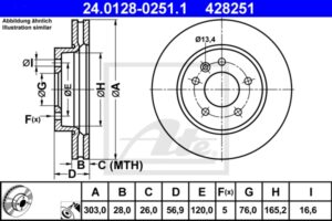 ATE Bremsesæt, skivebremser 142042539 foraksel ventileret 303mm 28mm for VAG