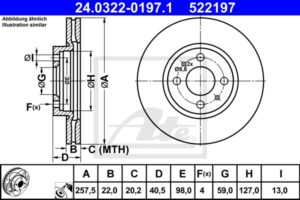 ATE Bremsesæt, skivebremser ijzjsgh261 foraksel ventileret 257mm 22mm for PEUGEOT CITROËN FIAT