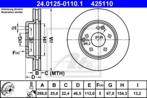 ATE Bremsesæt, skivebremser ik3ebymxr1 foraksel ventileret 288mm 25mm for MERCEDES-BENZ CHRYSLER