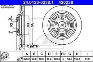 ATE Bremsesæt, skivebremser 142042180 bagaksel ventileret 326mm 20mm for JAGUAR