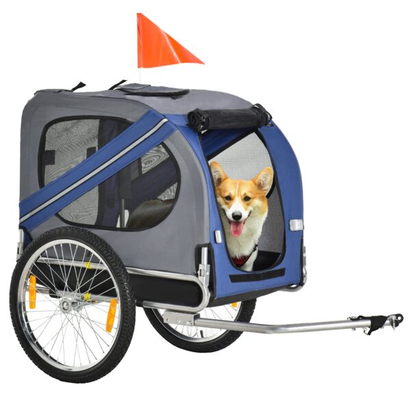 2-I-1 kæledyrstrailer cykeltrailer op til 20 kg foldbart regnslag sikkerhedsflagreflekser stålgrå+blå 130 x 73 x 90 cm