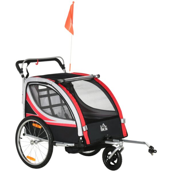 Børnecykeltrailer, 2-i-1, joggerfunktion, vejrbestandigt overtræk, stålstel, rød+sort, 142 x 75 x 101 cm