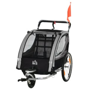 Børnecykeltrailer, skubbetrailer, med bremser, foldbar, til 2 børn, grå/sort