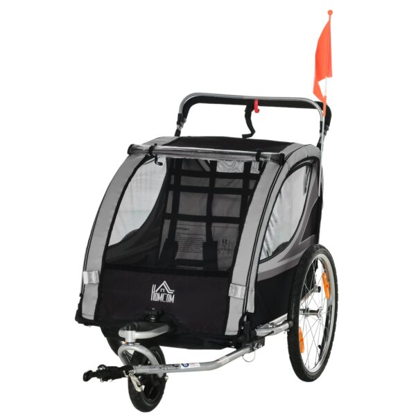 Børnecykeltrailer, skubbetrailer, med bremser, foldbar, til 2 børn, grå/sort