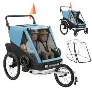 Cykeltrailer til børn, 2-personers, 2-i-1 foldbar børnecykeltrailer med justerbart sæde og stropper, blå