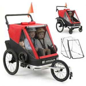 Cykeltrailer til børn, 2-personers, 2-i-1 foldbar børnecykeltrailer med justerbart sæde og stropper, rød