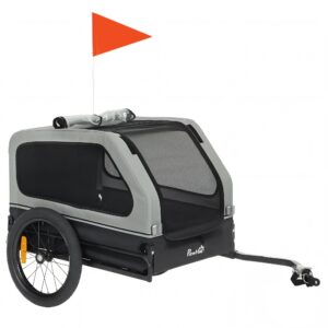 Sammenklappelig cykeltrailer til mellemstore hunde op til 20 kg med nedklappelig rampe, reflekser, snor, flag, grå.