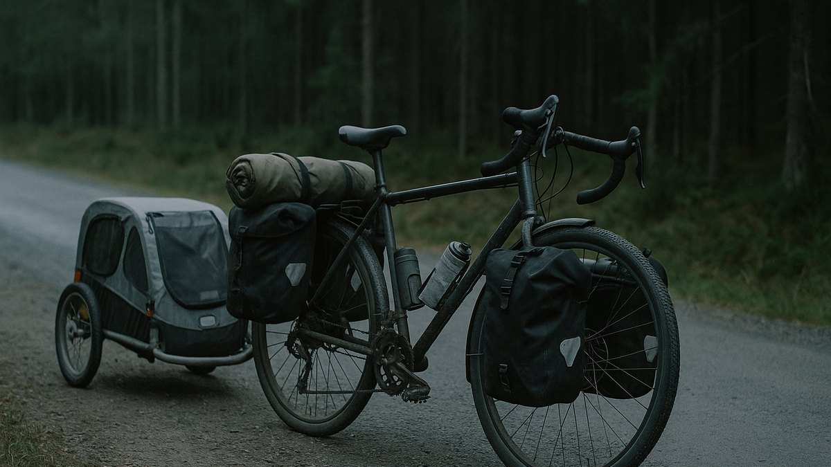 Pakket turcykel med trailer til hund holdende på en grusvej ved skovkanten