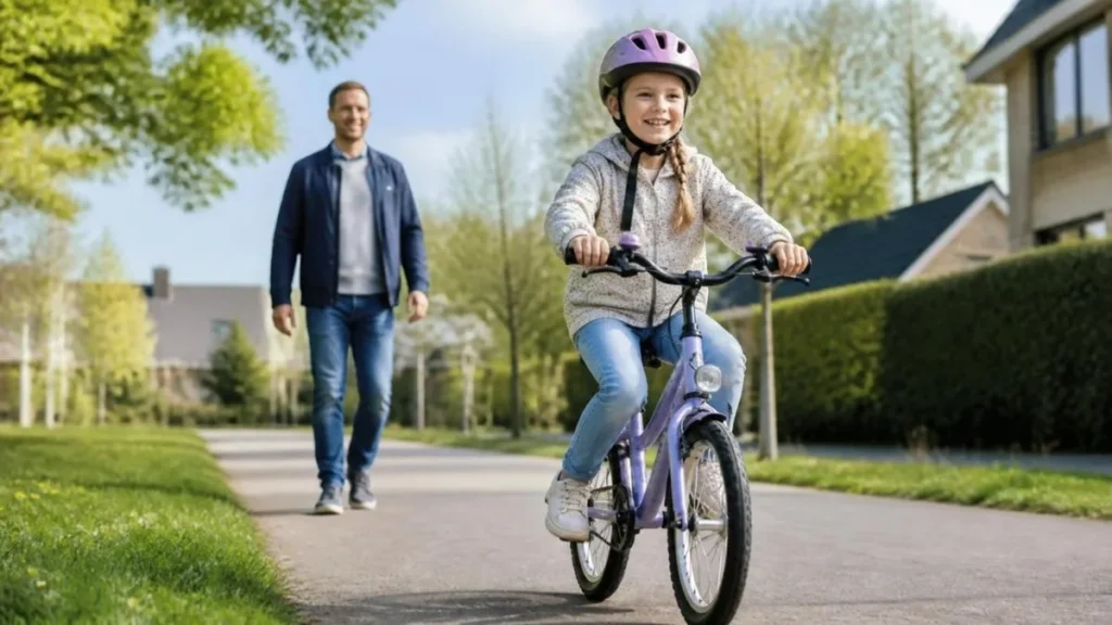 Pige med cykelhjelm på børnecykel på en sti, mens en voksen går bagved
