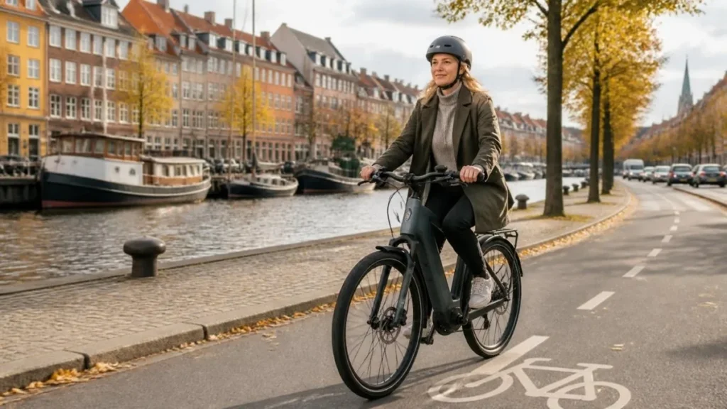 Kvinde på elcykel på en cykelsti langs en kanal med gamle byhuse
