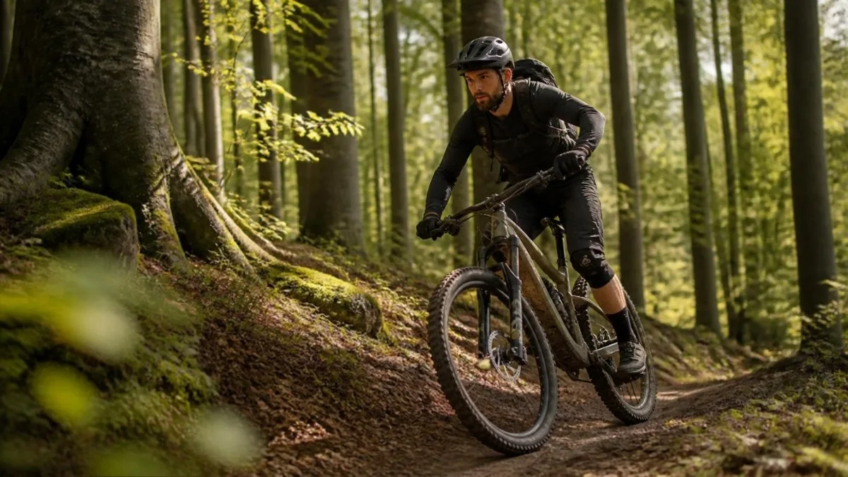 Mountainbiker på en smal skovsti i en bøgeskov