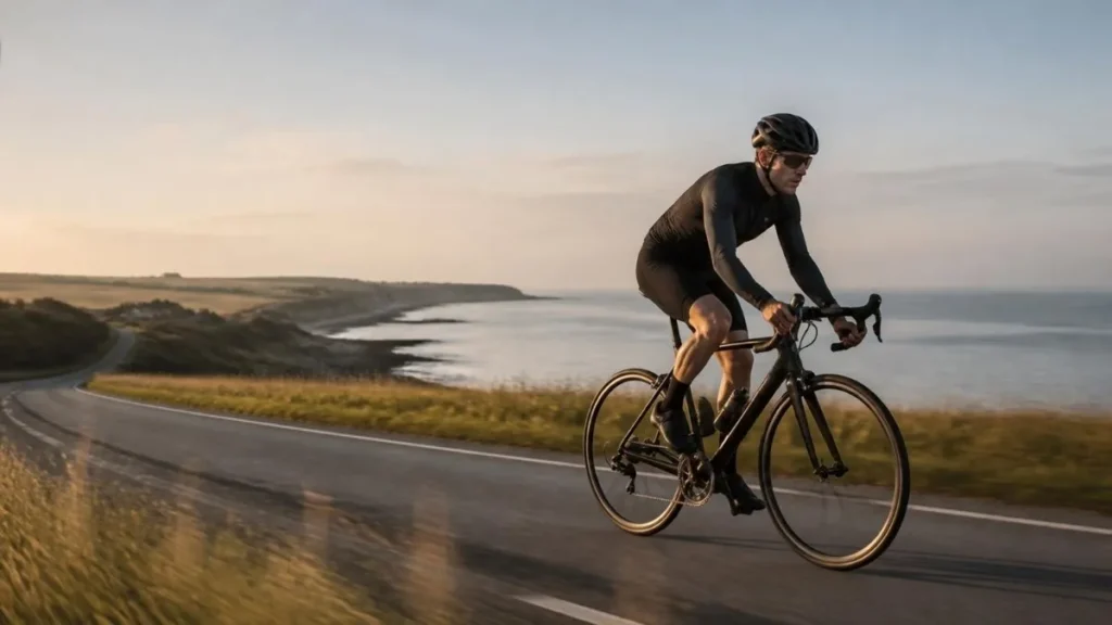 Cyklist på racercykel på en landevej langs kysten i morgenlys